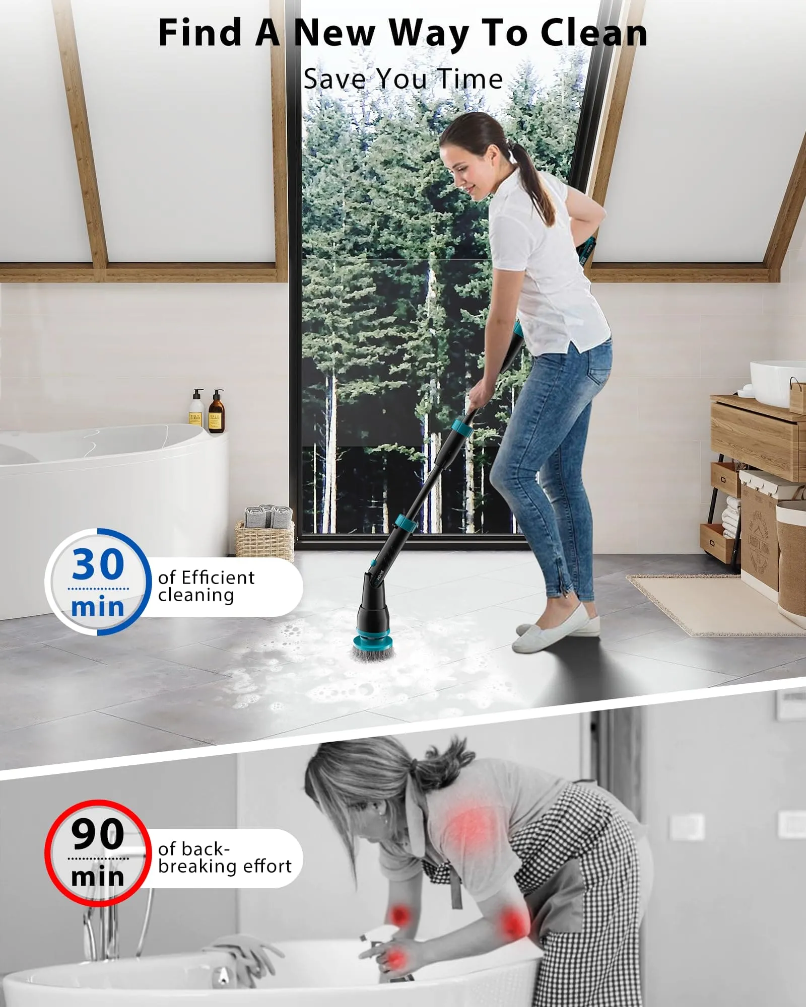 BEI & HONG Electric Spin Scrubber,1000RPM Cordless Shower Scrubber, 2.5H Power scrubber with Adjustable Extension Arm, 4 Replaceable Cleaning Heads, Electric Scrubber for Cleaning Bathroom & Tub-LXS-XDQ-001V