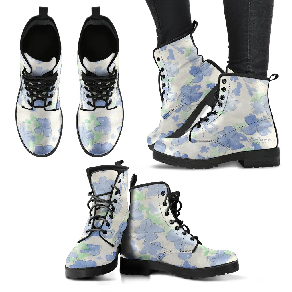 Blu&White Watercolor Floral Leather Boots (Vegan)