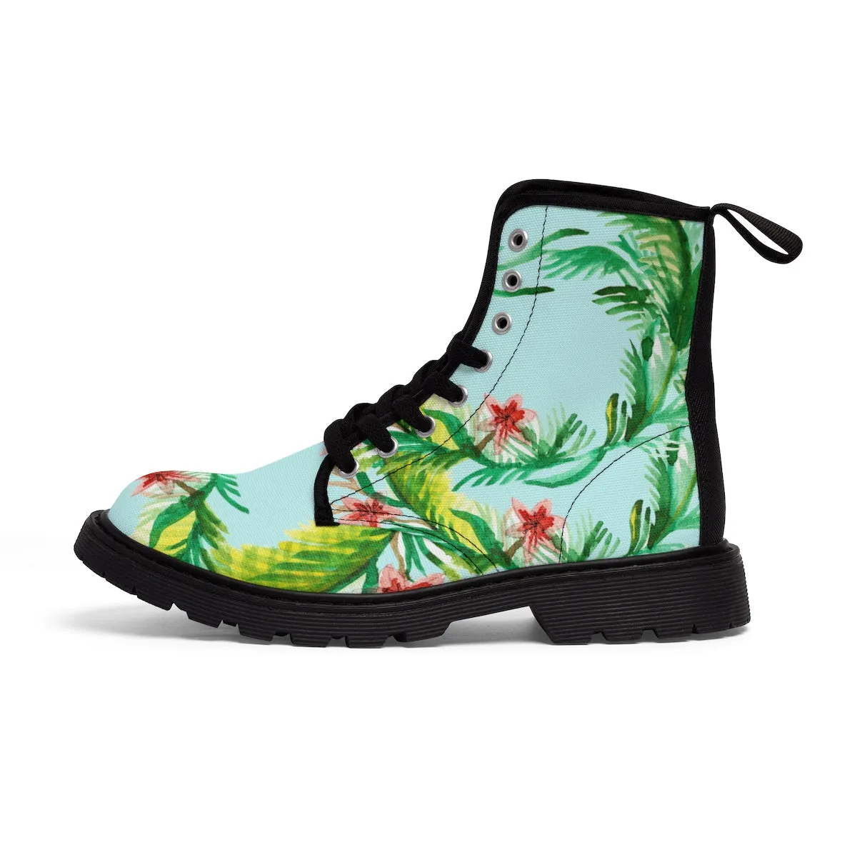 Blue Floral Women's Boots, Vintage-Style Print Canvas Winter Hiking Boots For Women