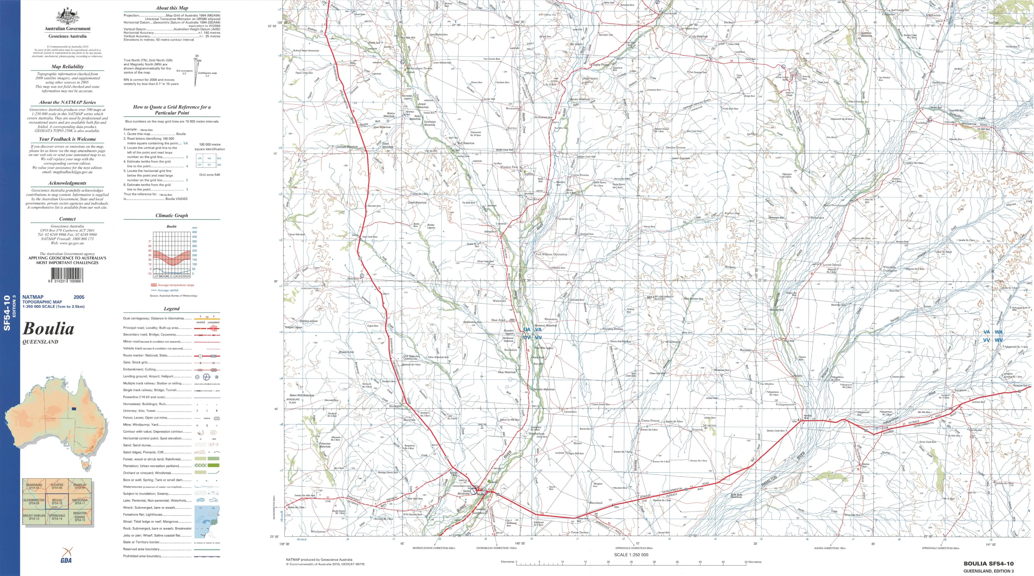 Boulia SF54-10 Topographic Map 1:250k