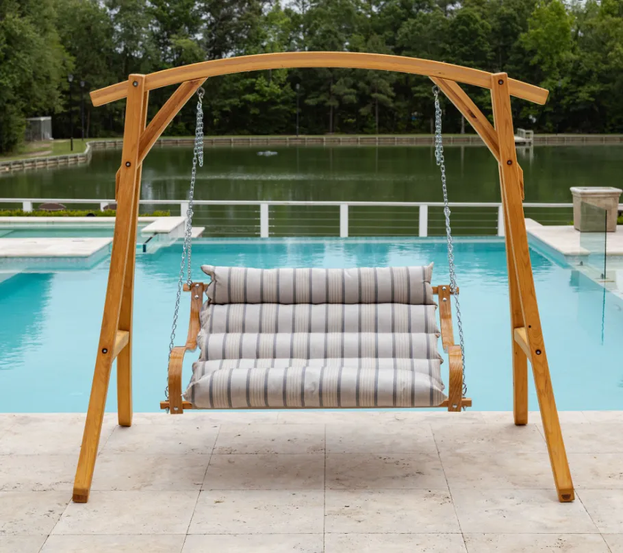 Curved Oak Double Deluxe Sunbrella Cushion Swing - Cove Pebble