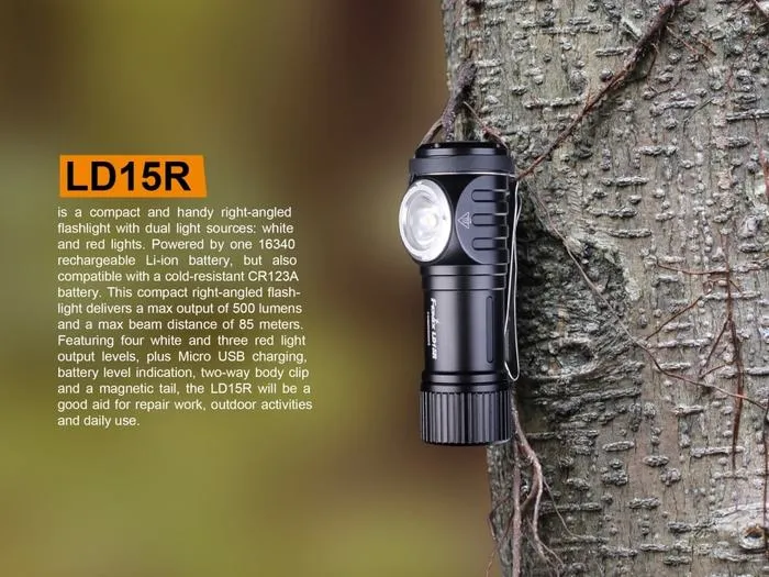 Fenix LD15R 500 Lumen Right-Angled Micro USB Rechargeable Flashlight Cree XP-G3 white LED