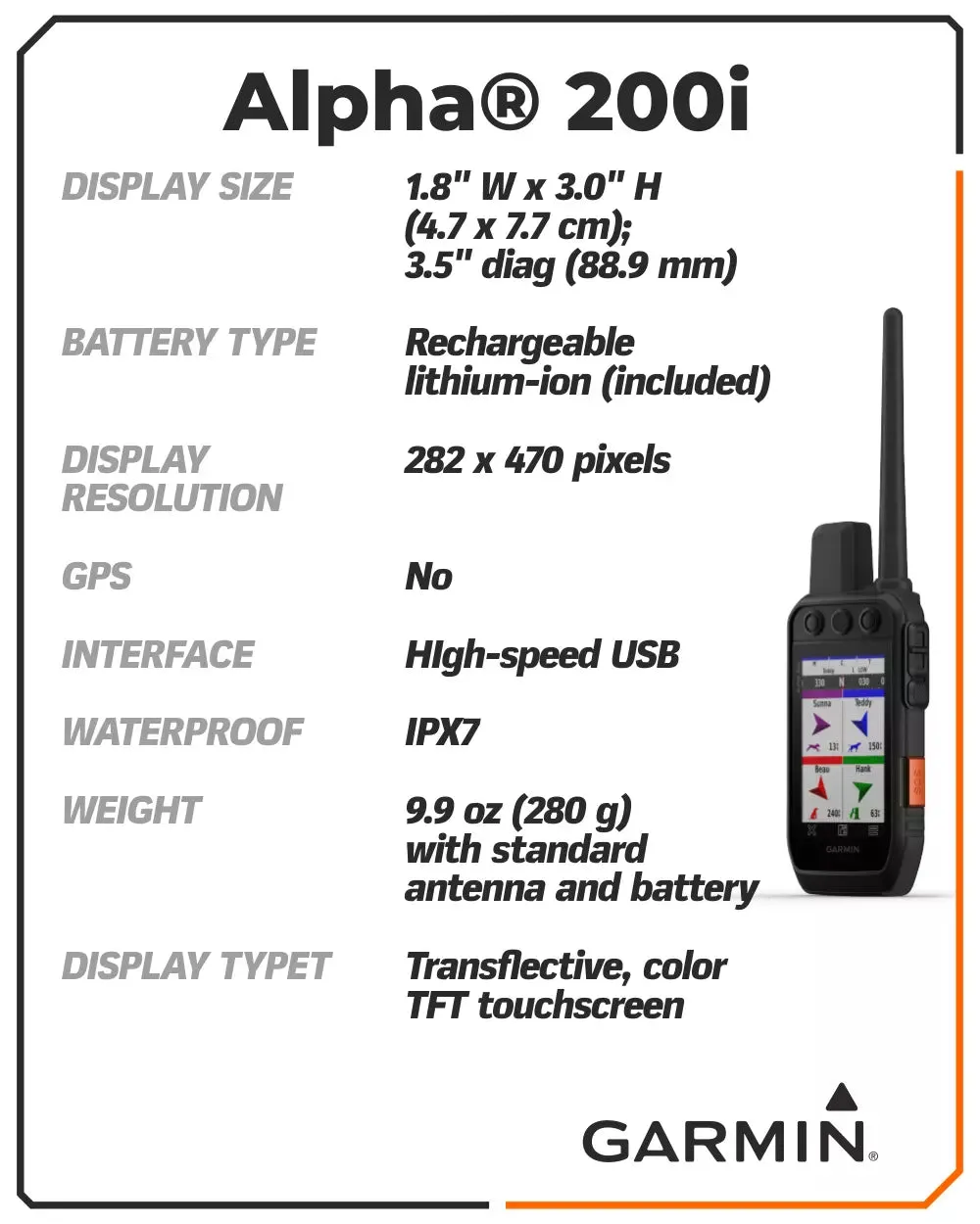 Garmin Alpha 200i Dog Tracking and Training Handheld System (010-02230-50)