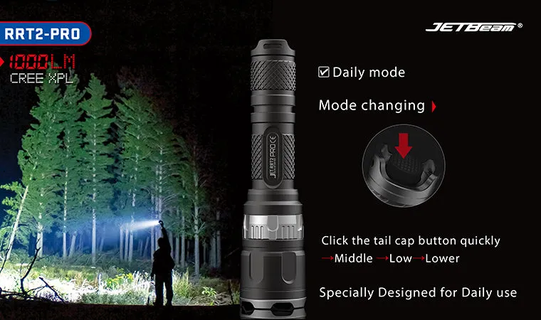 JETBeam RRT2-PRO 1x 18650 / 2x CR123A 1000 Lumens CREE XP-L LED Flashlight