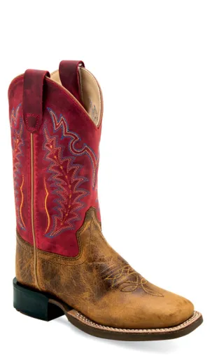 Old West Children Unisex Square Toe Burnt Brown/Cloudy Red Leather Cowboy Boots 12 D