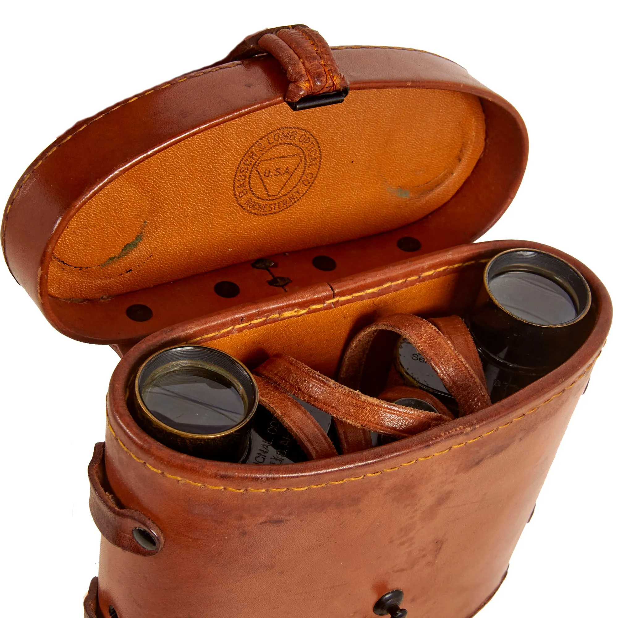 Original U.S. WWI Era Army Signal Corps Binoculars by Bausch & Lomb with Compass Equipped Leather Case