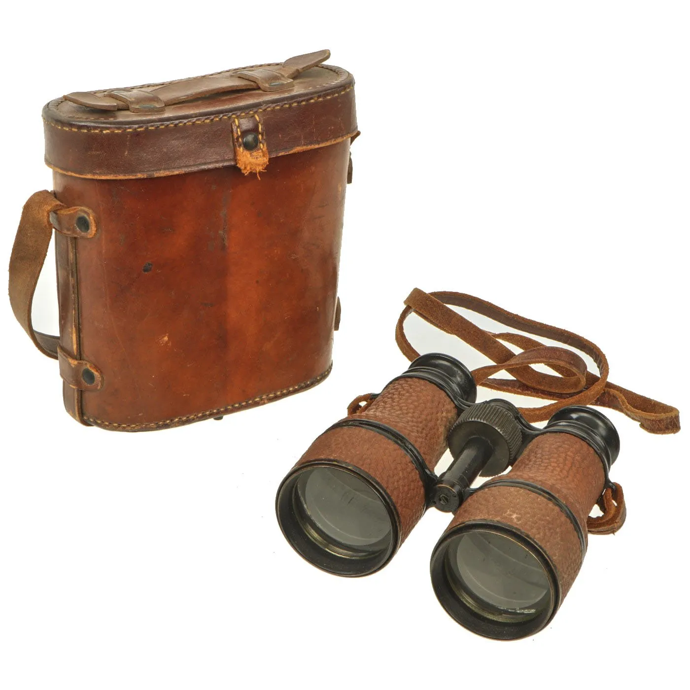 Original WWI U.S. Navy 3 Power Leather Covered Binoculars with Leather Case