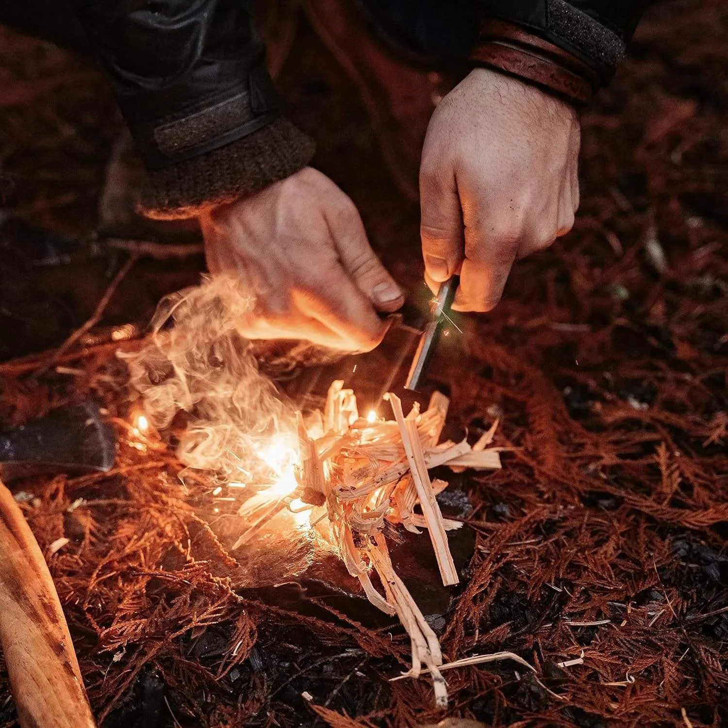 Outdoor Ferro Rod Flint Fire Starter with Handcrafted Wood Handle, Flint and Steel Rods with Whistle, Carabiner Paracord Reflective Neck-Wrist Lanyard