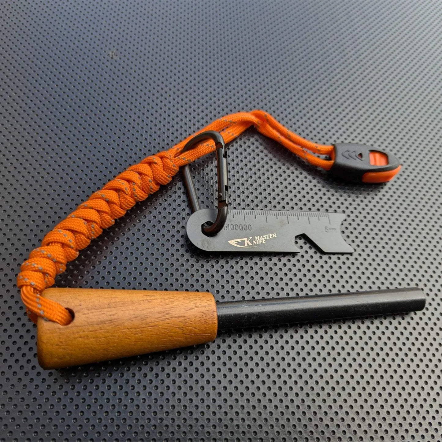 Outdoor Ferro Rod Flint Fire Starter with Handcrafted Wood Handle, Flint and Steel Rods with Whistle, Carabiner Paracord Reflective Neck-Wrist Lanyard