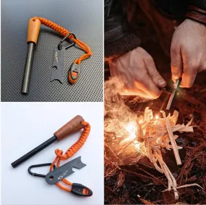 Outdoor Ferro Rod Flint Fire Starter with Handcrafted Wood Handle, Flint and Steel Rods with Whistle, Carabiner Paracord Reflective Neck-Wrist Lanyard