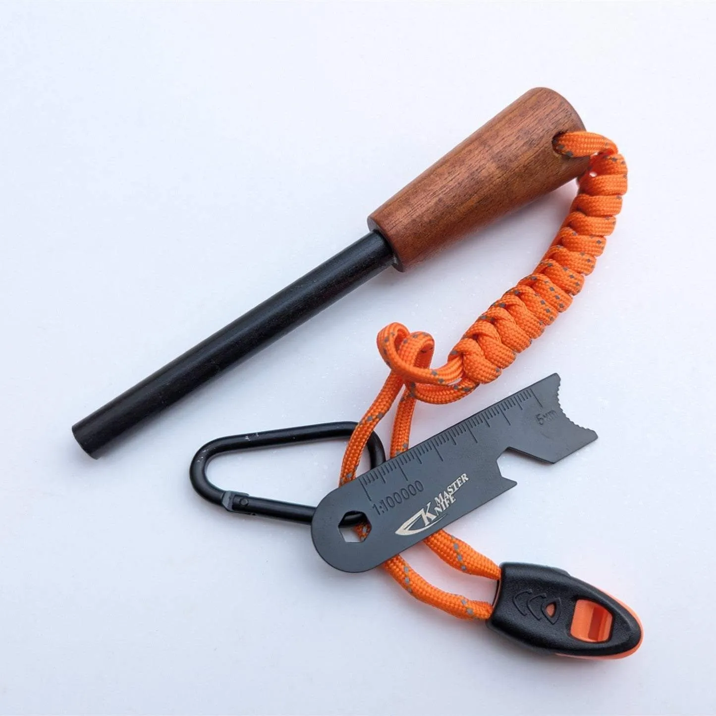 Outdoor Ferro Rod Flint Fire Starter with Handcrafted Wood Handle, Flint and Steel Rods with Whistle, Carabiner Paracord Reflective Neck-Wrist Lanyard