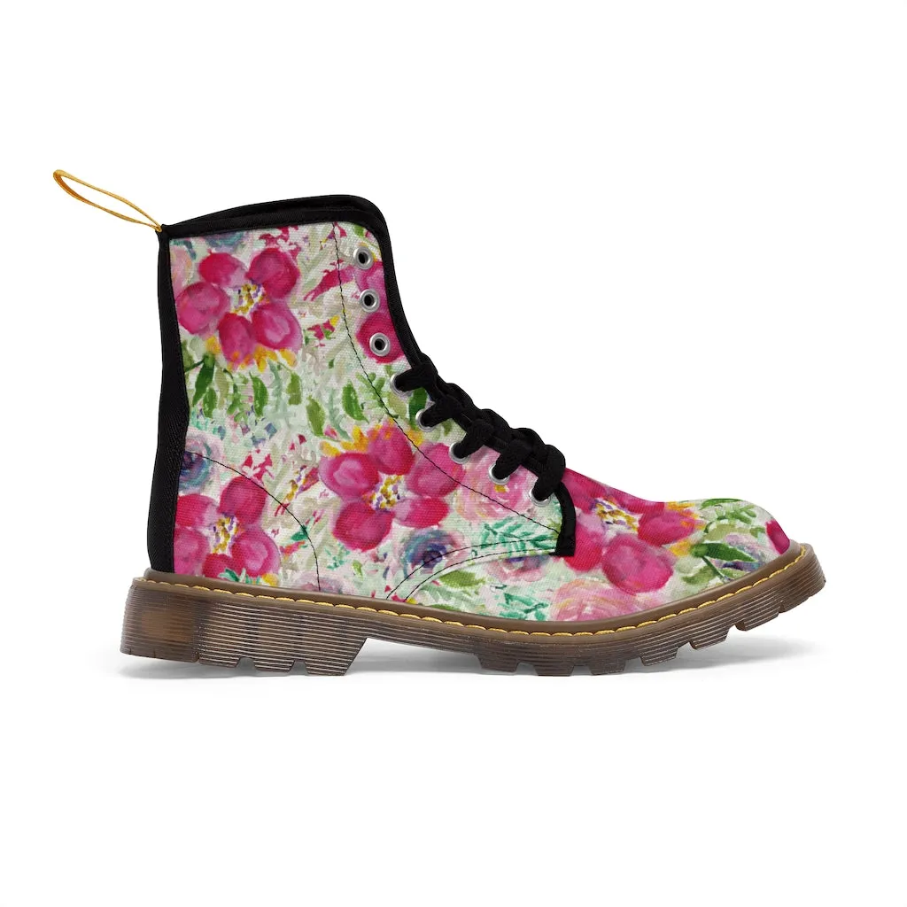 Pink Floral Women's Canvas Boots, Flower Print Hiking Canvas Mountain Boots Shoes For Women