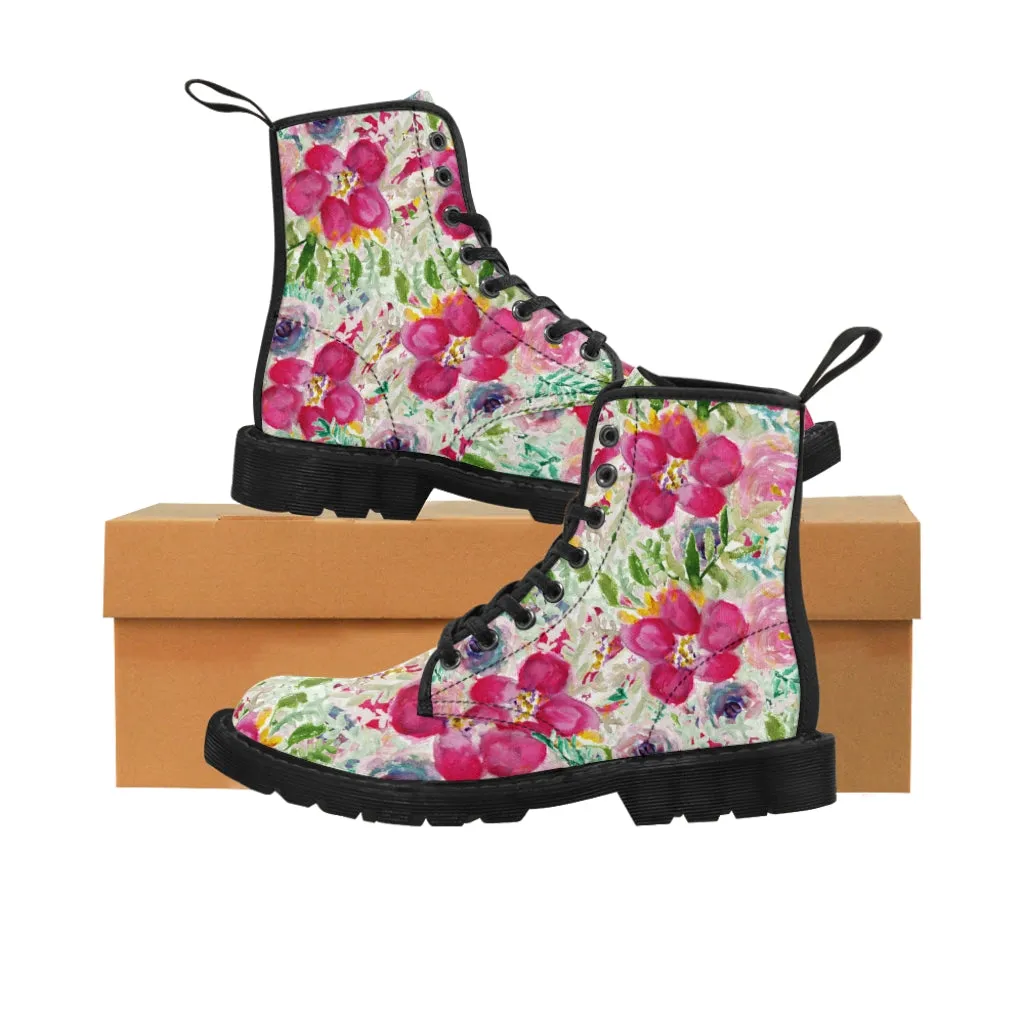 Pink Floral Women's Canvas Boots, Flower Print Hiking Canvas Mountain Boots Shoes For Women