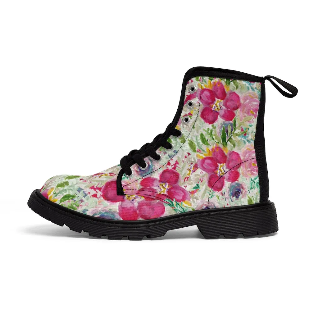 Pink Floral Women's Canvas Boots, Flower Print Hiking Canvas Mountain Boots Shoes For Women