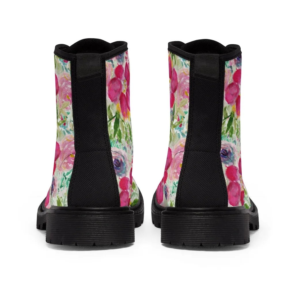 Pink Floral Women's Canvas Boots, Flower Print Hiking Canvas Mountain Boots Shoes For Women