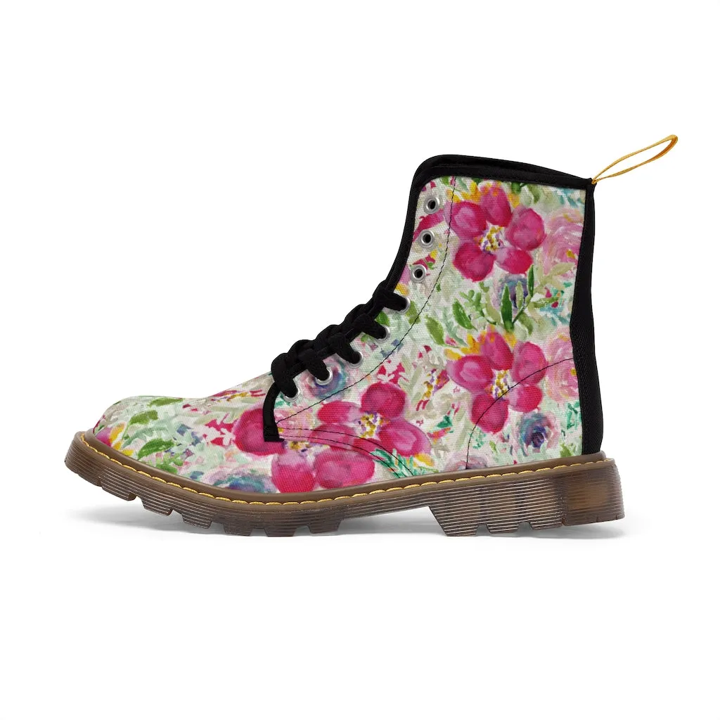 Pink Floral Women's Canvas Boots, Flower Print Hiking Canvas Mountain Boots Shoes For Women