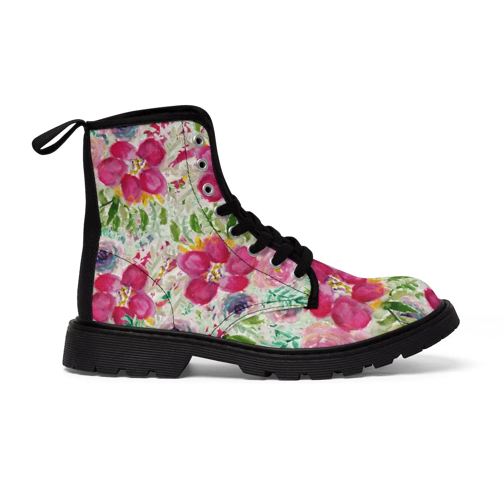 Pink Floral Women's Canvas Boots, Flower Print Hiking Canvas Mountain Boots Shoes For Women