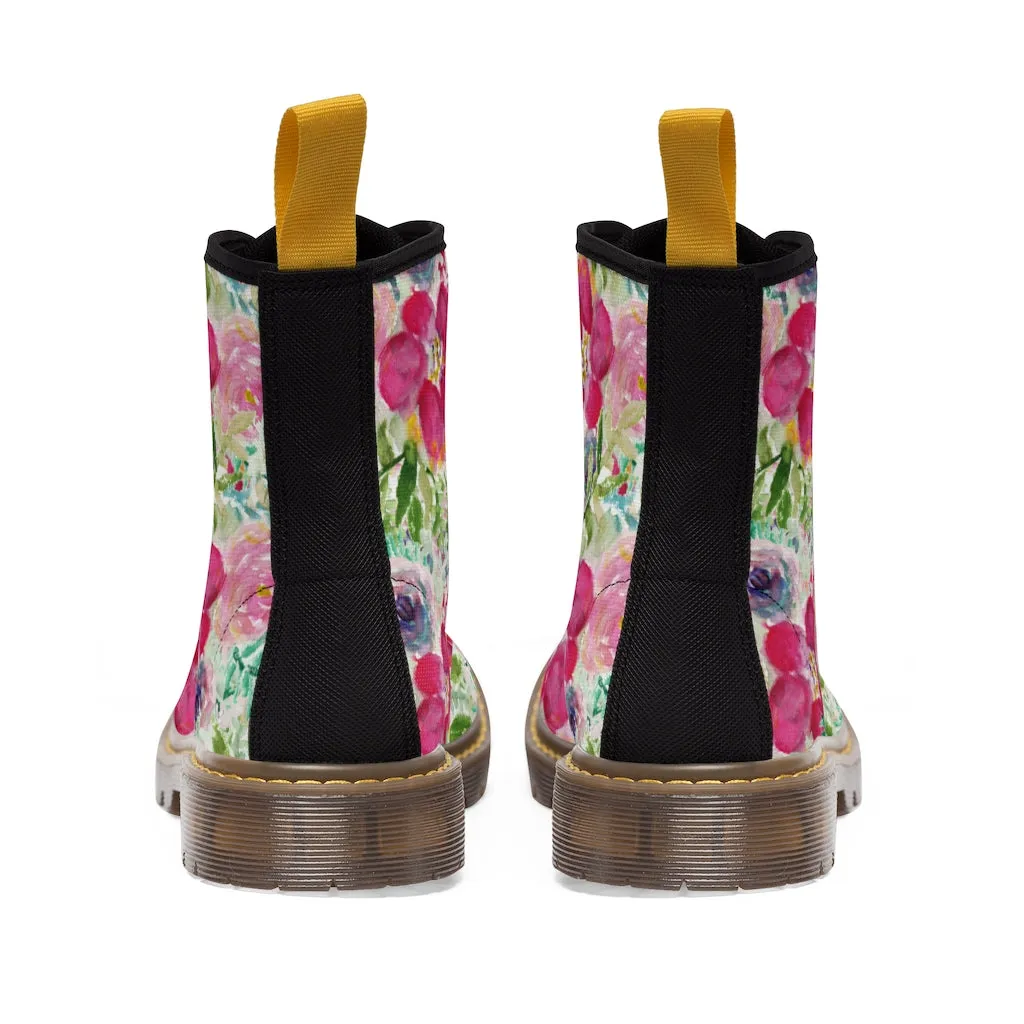 Pink Floral Women's Canvas Boots, Flower Print Hiking Canvas Mountain Boots Shoes For Women