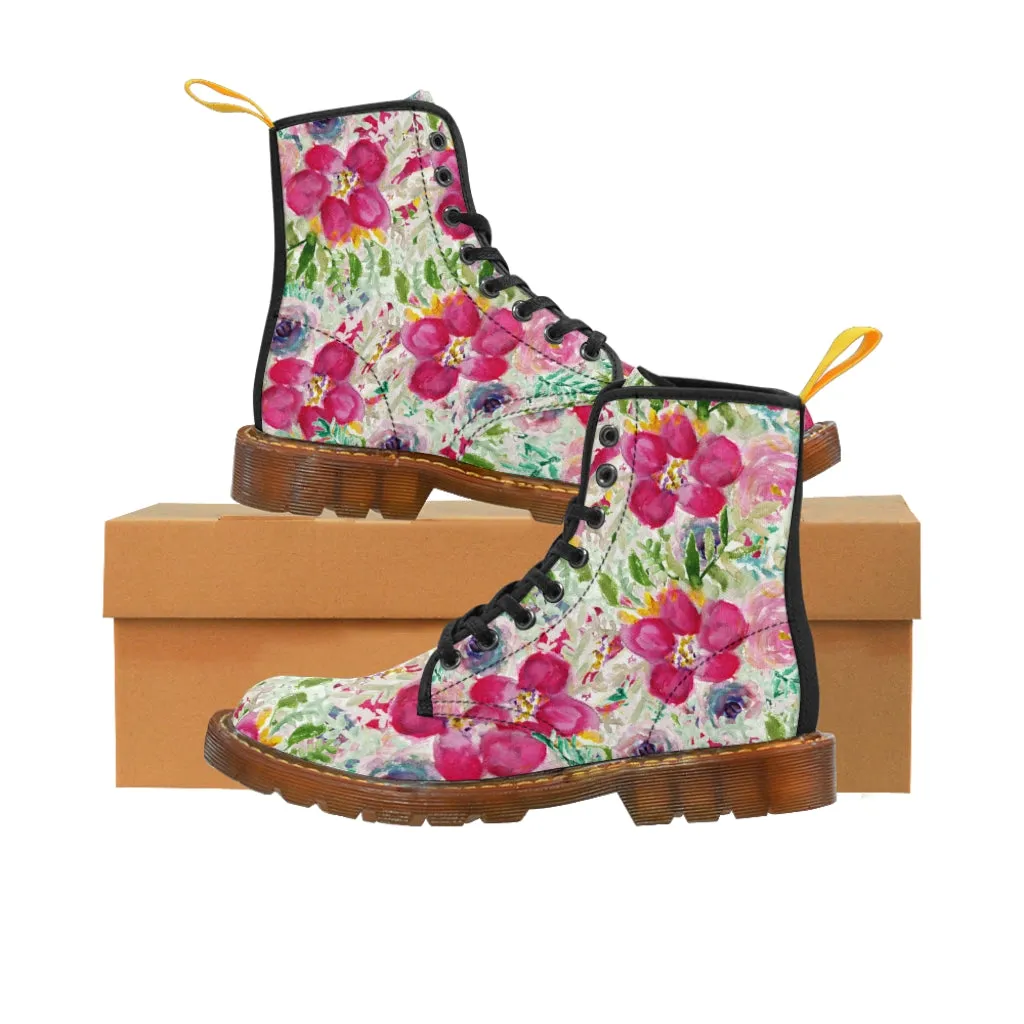 Pink Floral Women's Canvas Boots, Flower Print Hiking Canvas Mountain Boots Shoes For Women