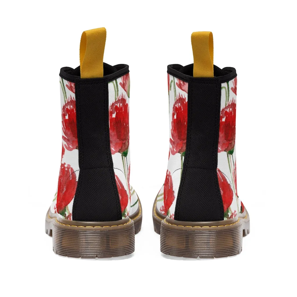 Red Poppy Floral Women's Boots, Poppy Flower White Hiking Combat Laced-Up Boots For Ladies