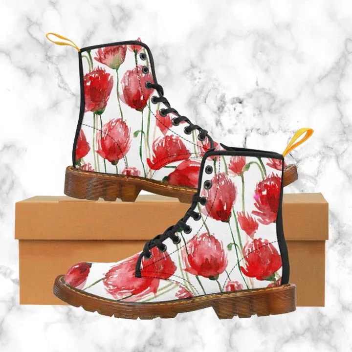 Red Poppy Floral Women's Boots, Poppy Flower White Hiking Combat Laced-Up Boots For Ladies