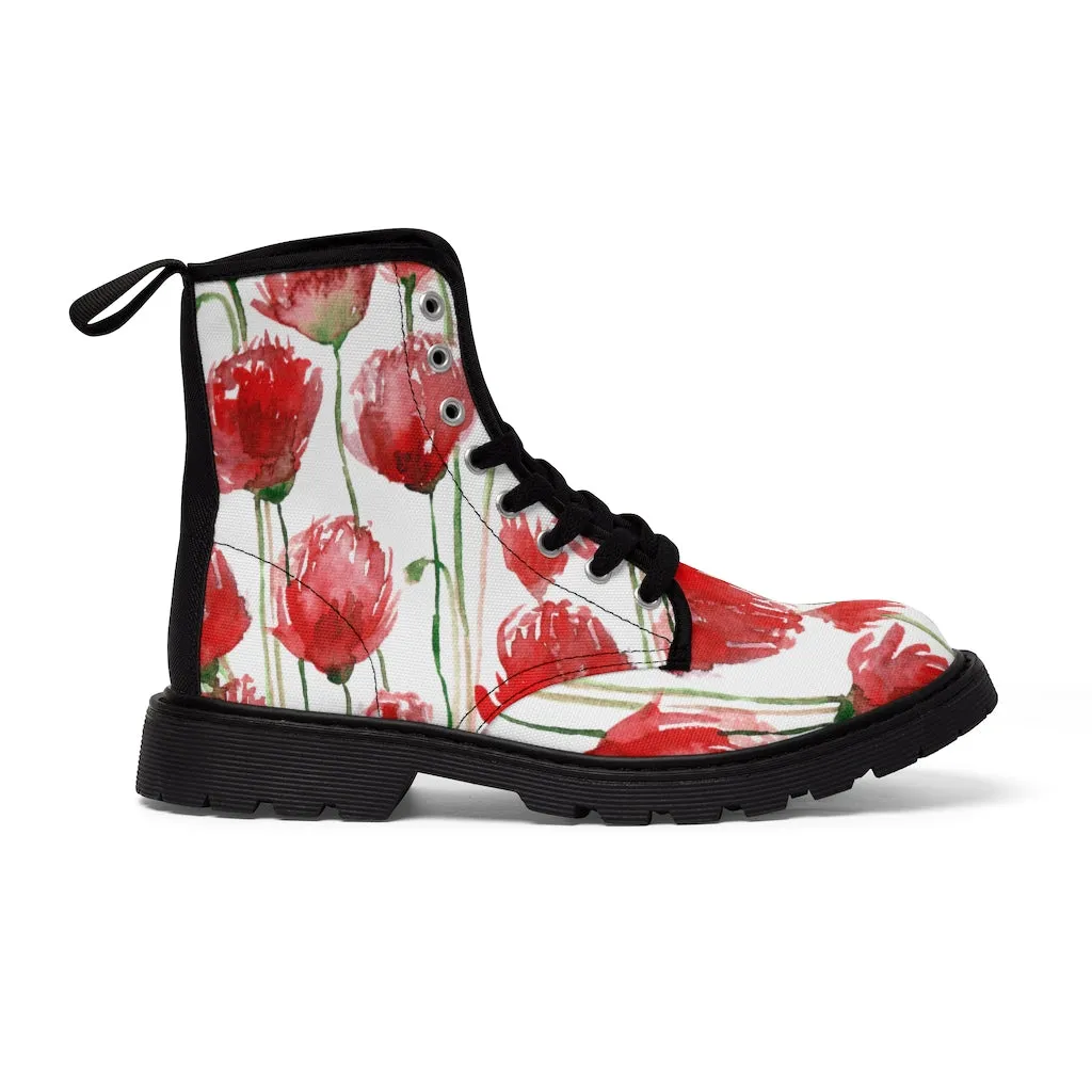 Red Poppy Floral Women's Boots, Poppy Flower White Hiking Combat Laced-Up Boots For Ladies