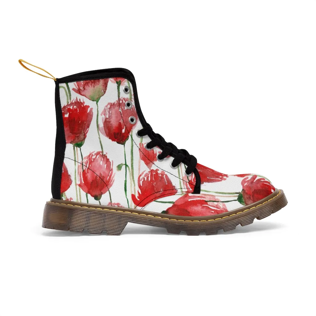 Red Poppy Floral Women's Boots, Poppy Flower White Hiking Combat Laced-Up Boots For Ladies