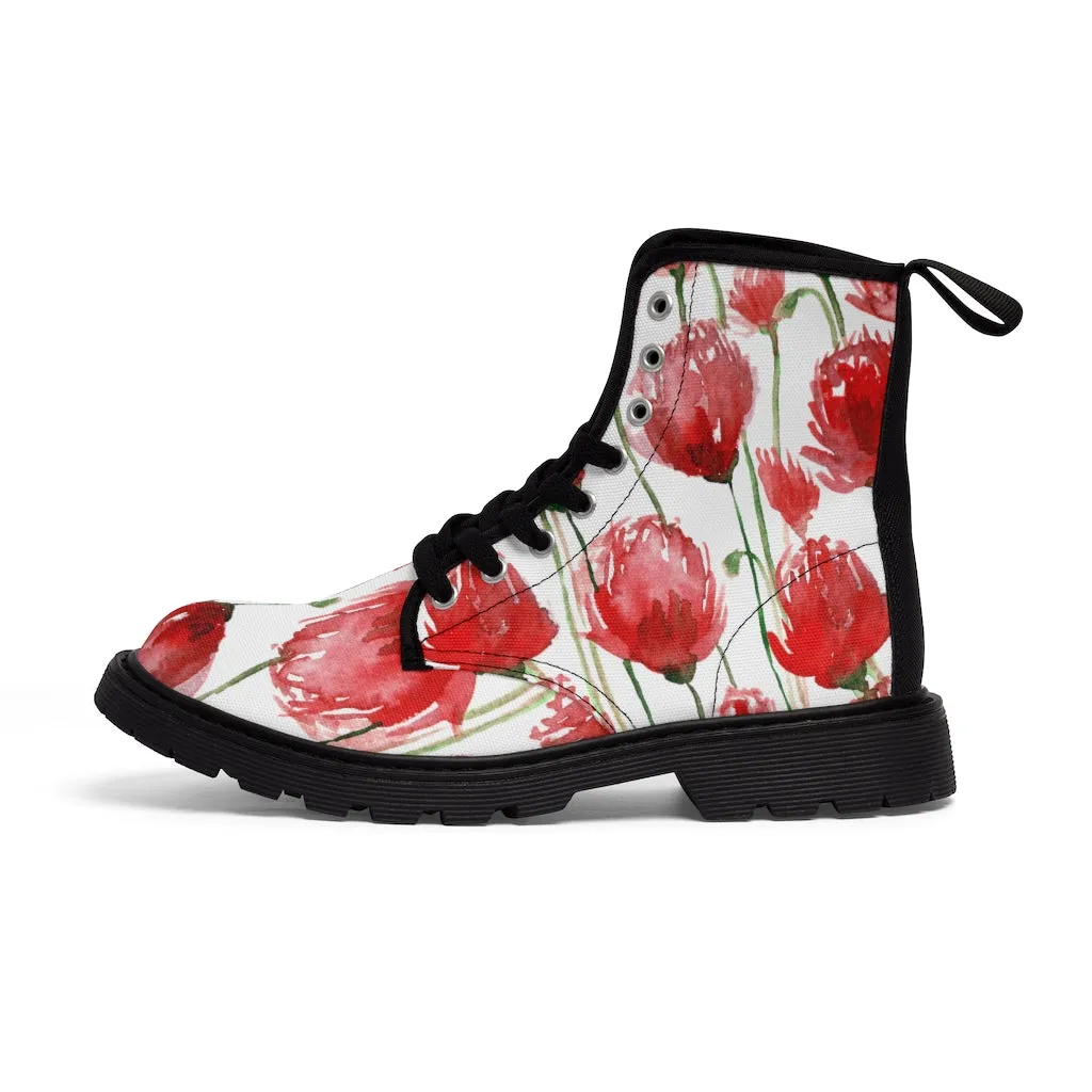 Red Poppy Floral Women's Boots, Poppy Flower White Hiking Combat Laced-Up Boots For Ladies