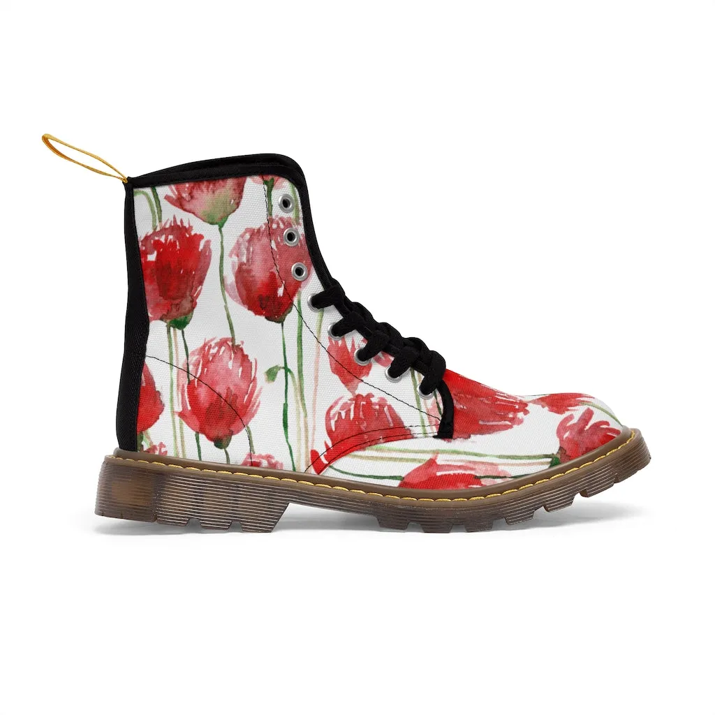 Red Poppy Floral Women's Boots, Poppy Flower White Hiking Combat Laced-Up Boots For Ladies