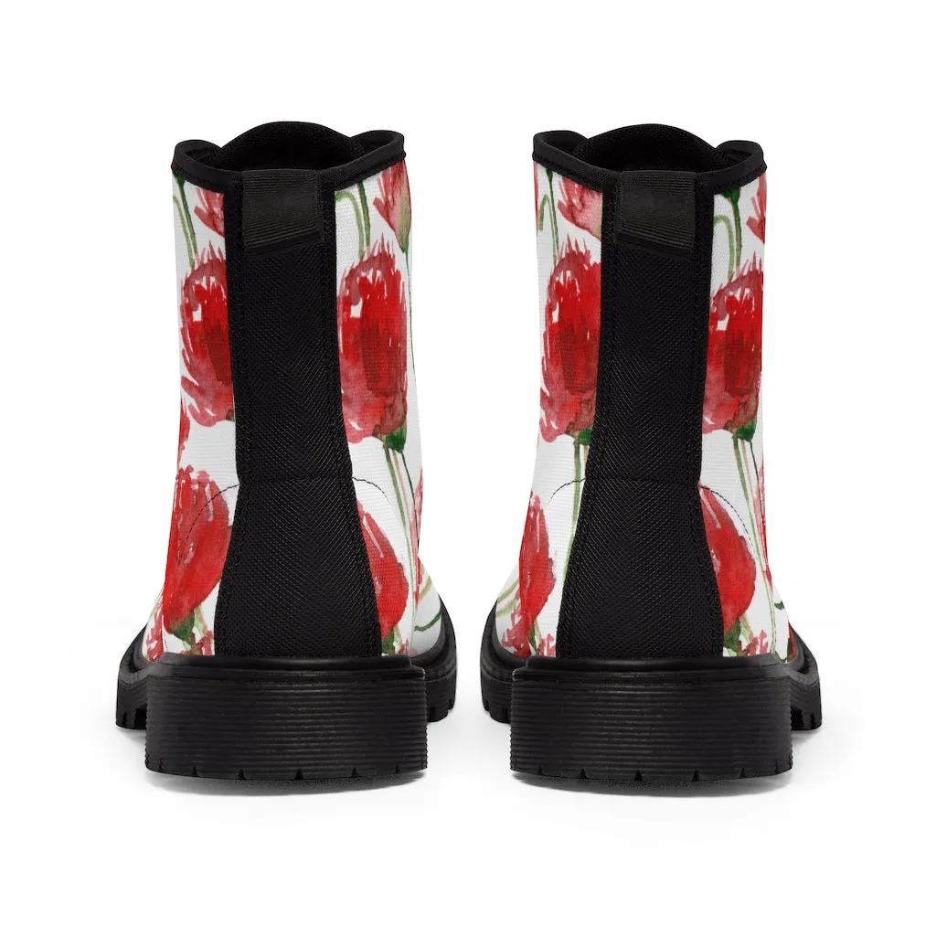 Red Poppy Floral Women's Boots, Poppy Flower White Hiking Combat Laced-Up Boots For Ladies