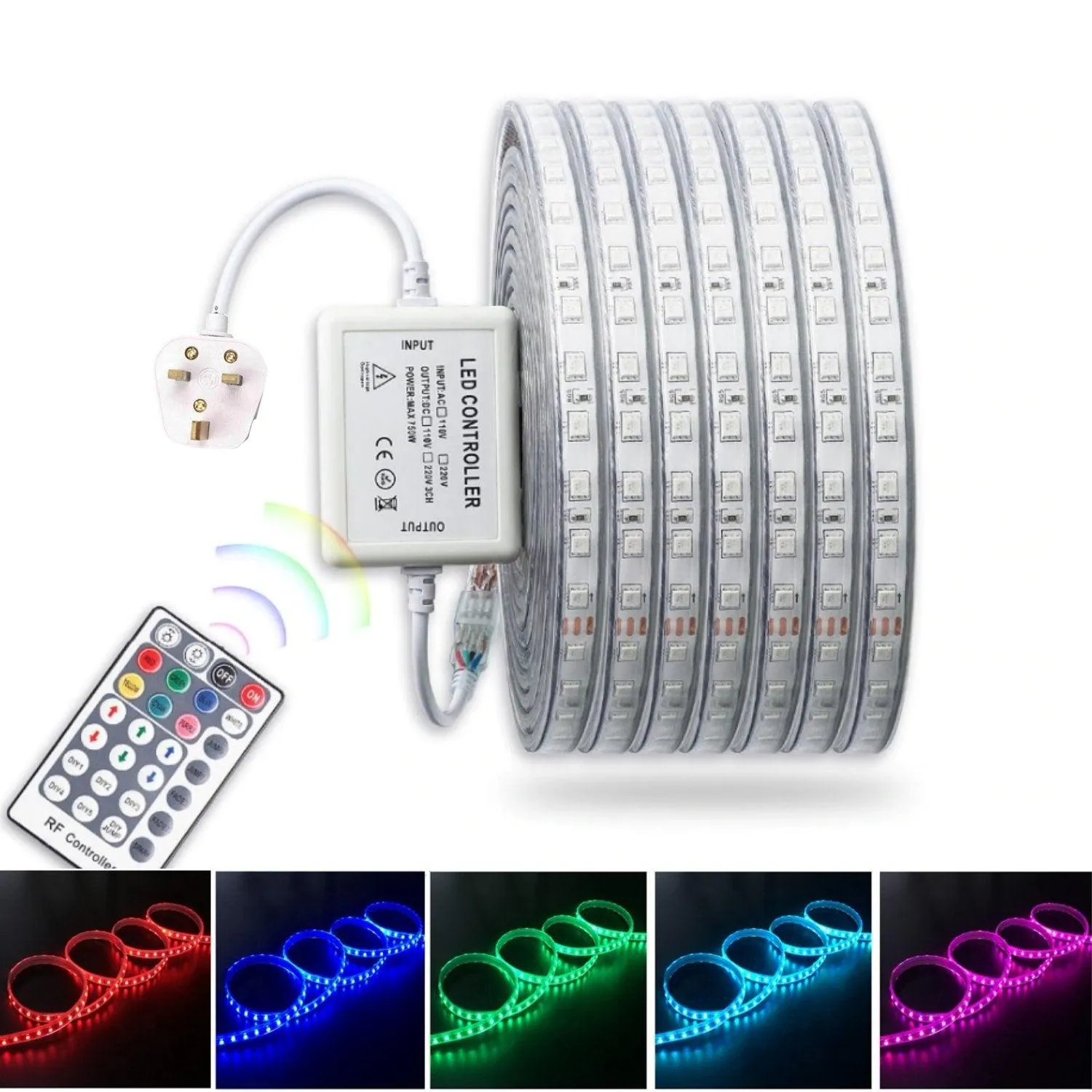 RGB LED Strip 220V 240V IP65 60LED/m Dimmable with Remote Kit