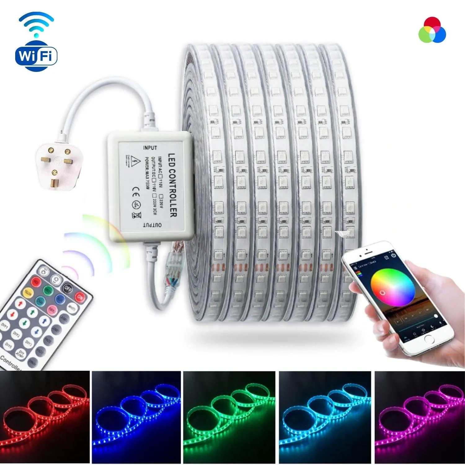 RGB LED Strip Light 220V 240V 60LEDs/m IP65 Waterproof WIFI App Control work with Google & Alexa