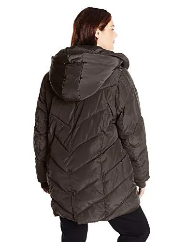 Steve Madden Women's Plus-Size Chevron Packable Puffer Jacket with Hood Plus, Titanium, 3X