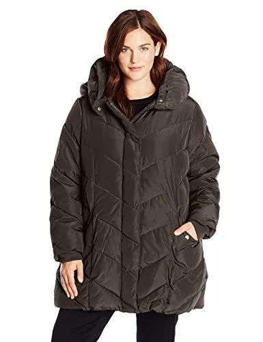 Steve Madden Women's Plus-Size Chevron Packable Puffer Jacket with Hood Plus, Titanium, 3X