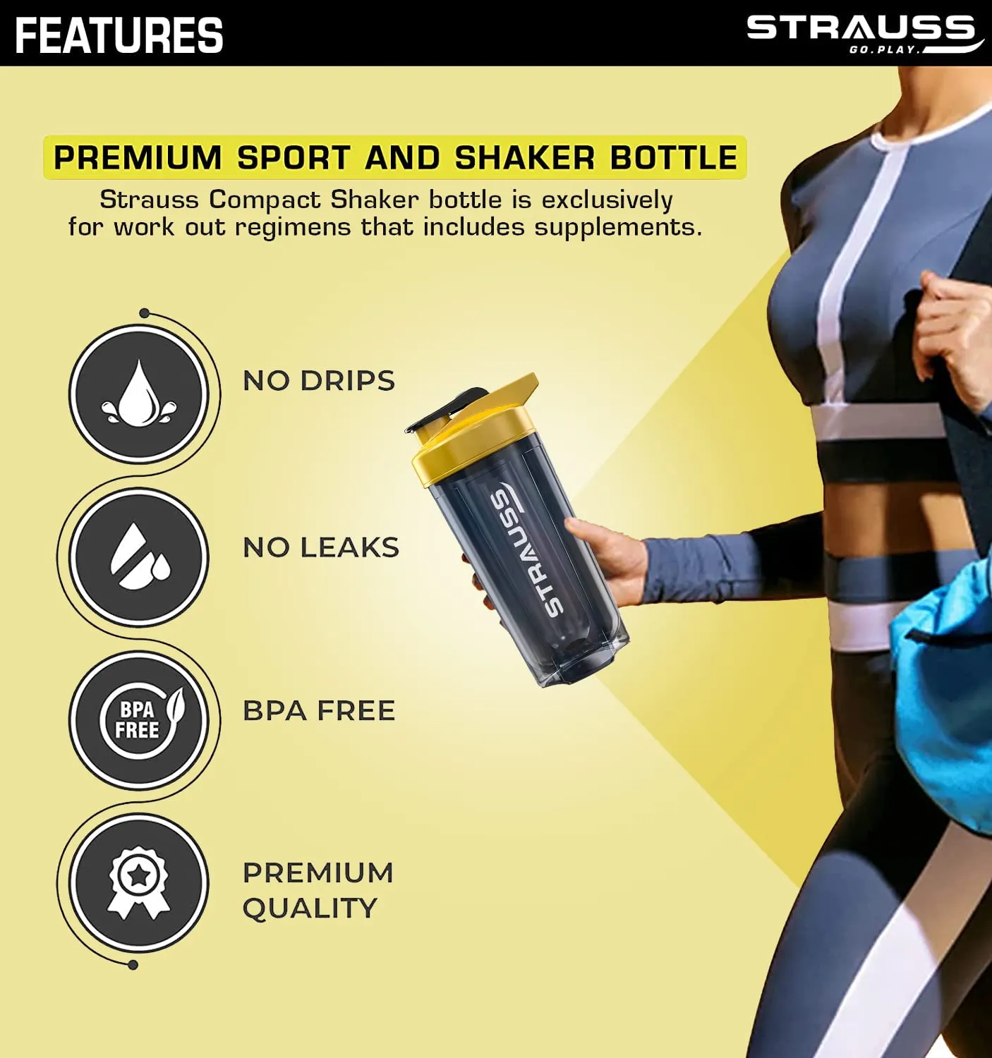 STRAUSS Energy Shaker Bottle, Black Shade, (Yellow)