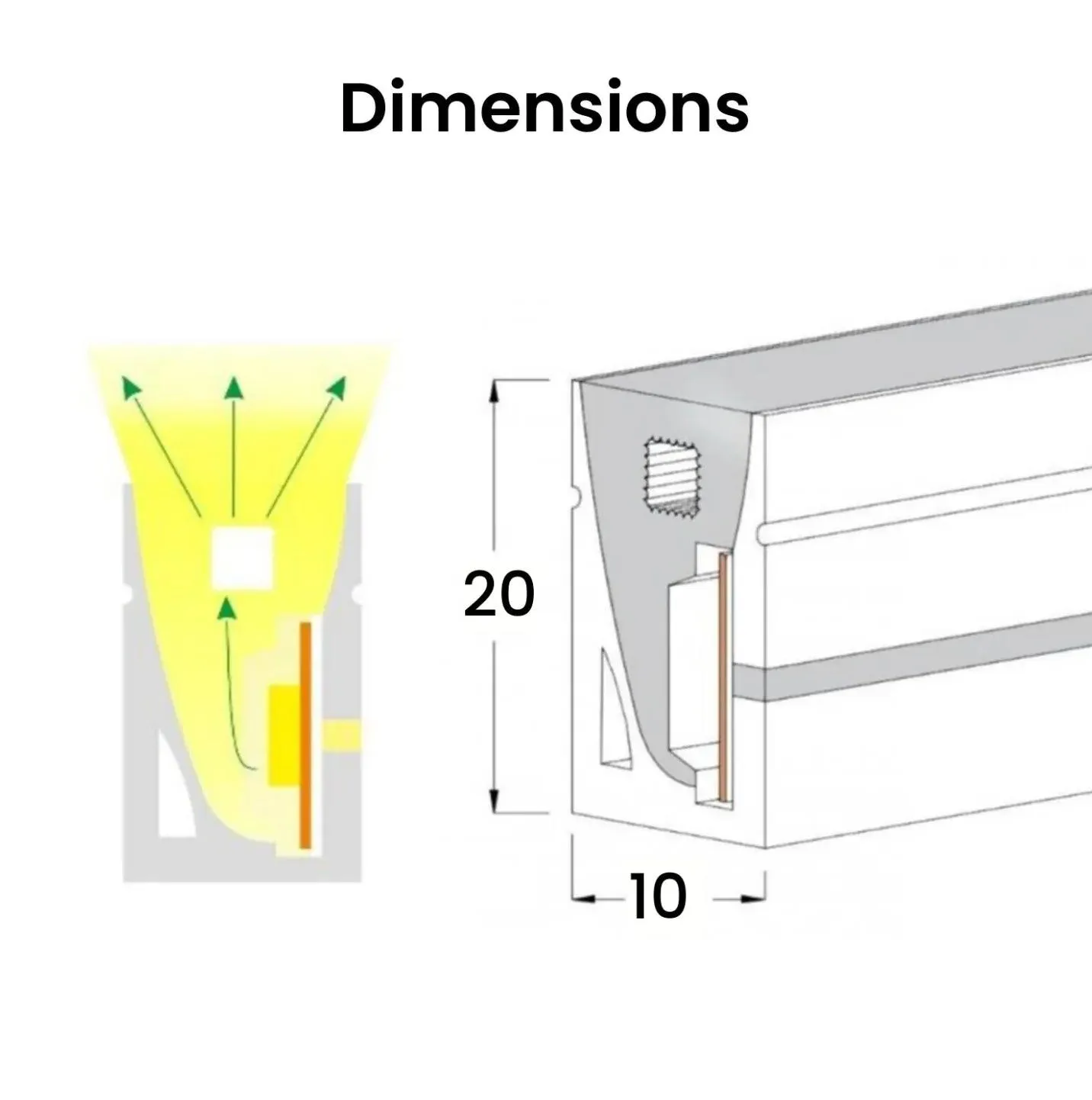 Warm White LED Neon Flex 24V 10x20mm IP68 Waterproof 10cm Cut